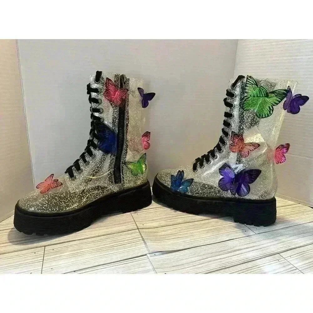 Dolls Kill Glitter Butterfly Platform Combat Boots - Multicolor